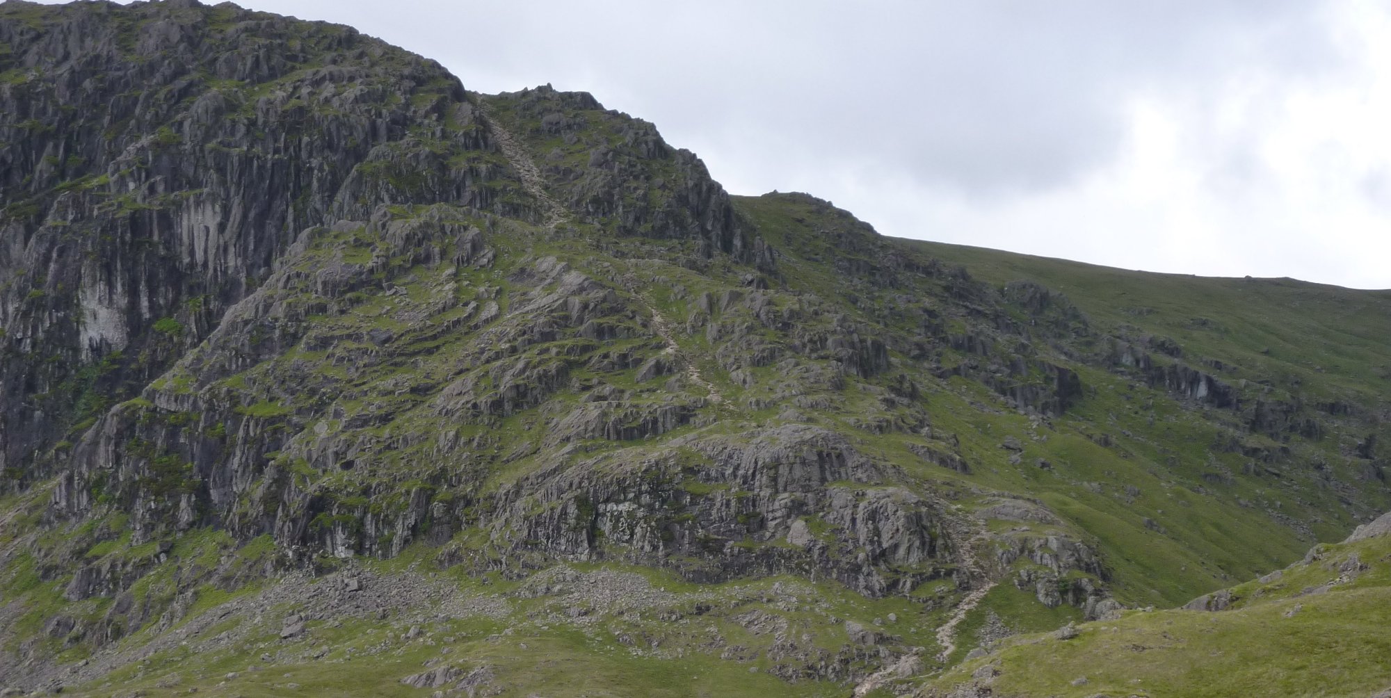 Long zoom onto Easy Gulley, up the side of Pavey Ark