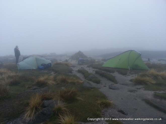 Misty camp on Kinder Low, either side of the path