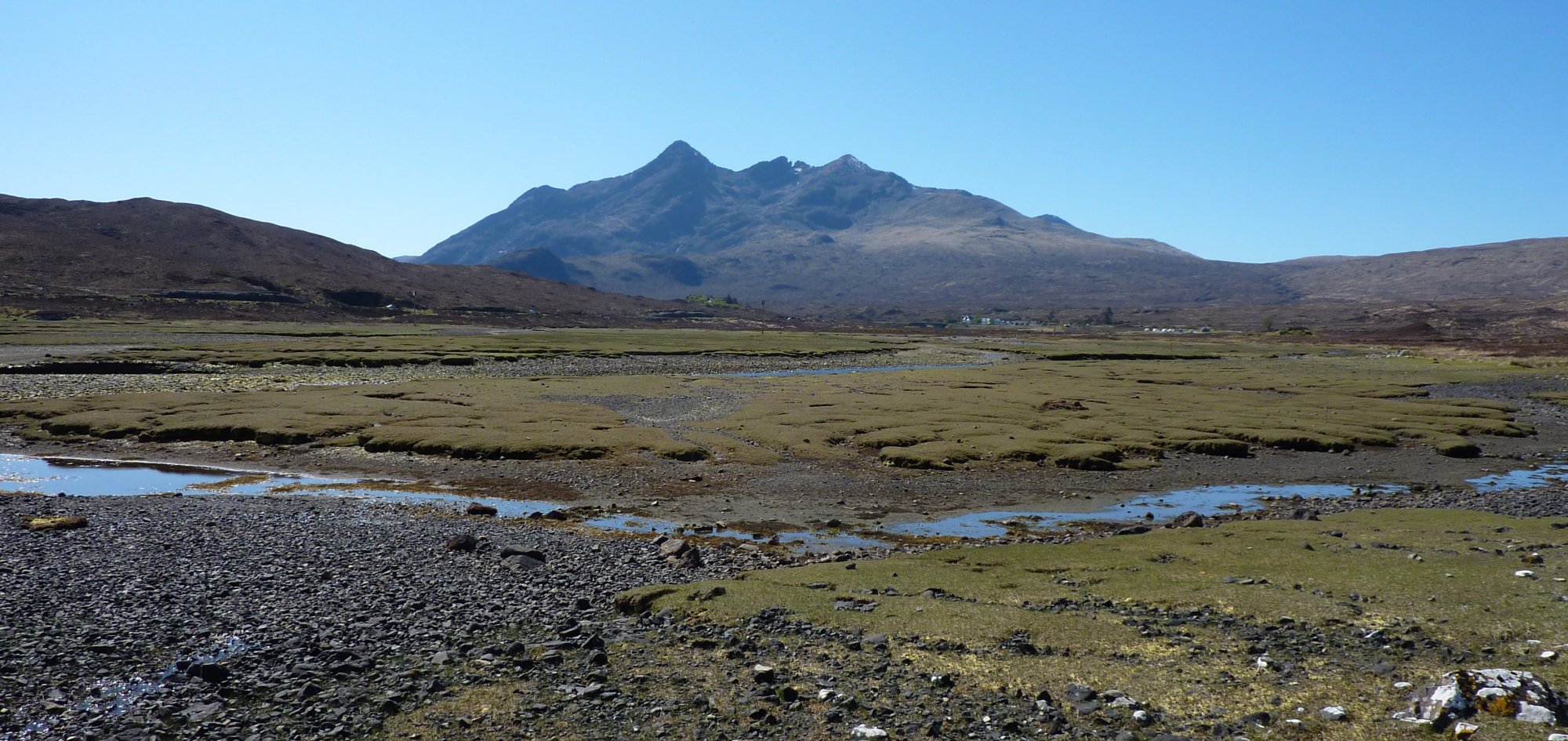 Crossing the salt marshes at the head of the Loch, with Cuillins in the background