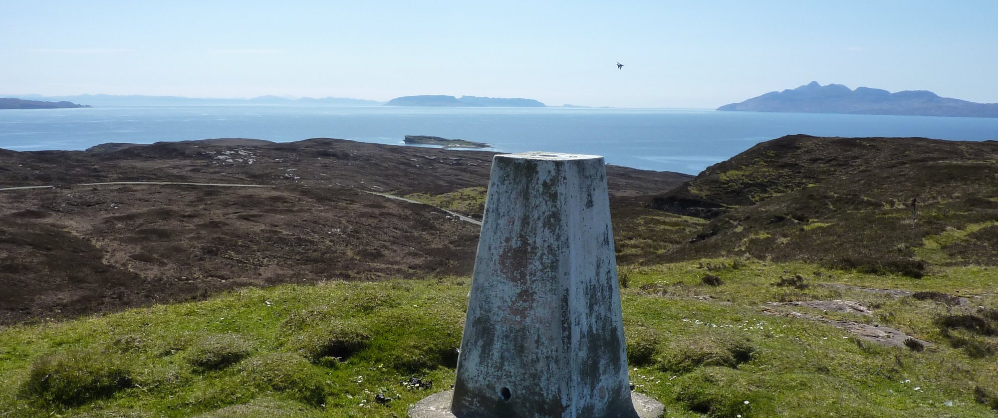 Elgol trig point with RAF fighter jet screaming away in front of me