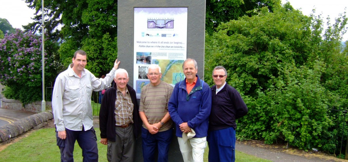 Job done! Me, Bill, Jim, John and Young Jim at the Great Glen Way finish monolith