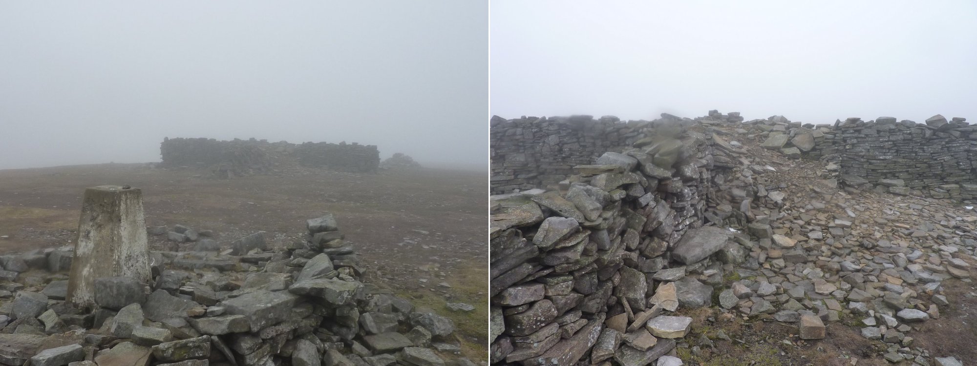 Left: Trig point and shelter on Cross Fell      Right: Mostly collapsed shelter on Cross Fell 