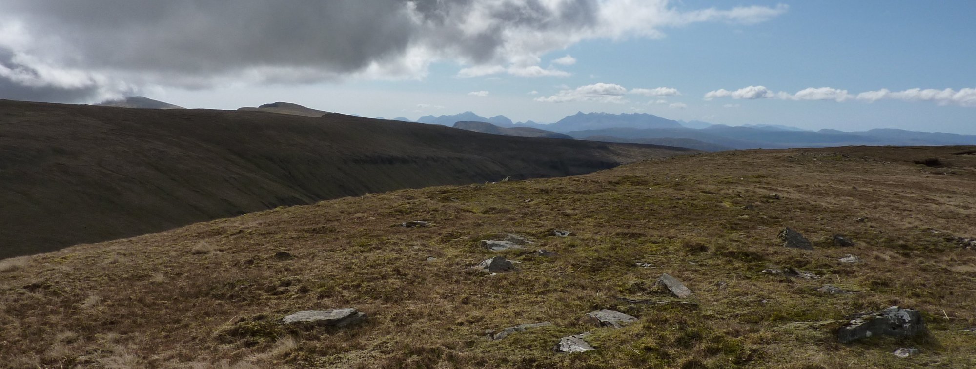 The rock-strewn summit of Creag a'Lain, with the Cuillins far left