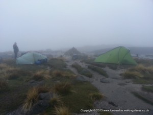 Misty camp on Kinder Low, either side of the path